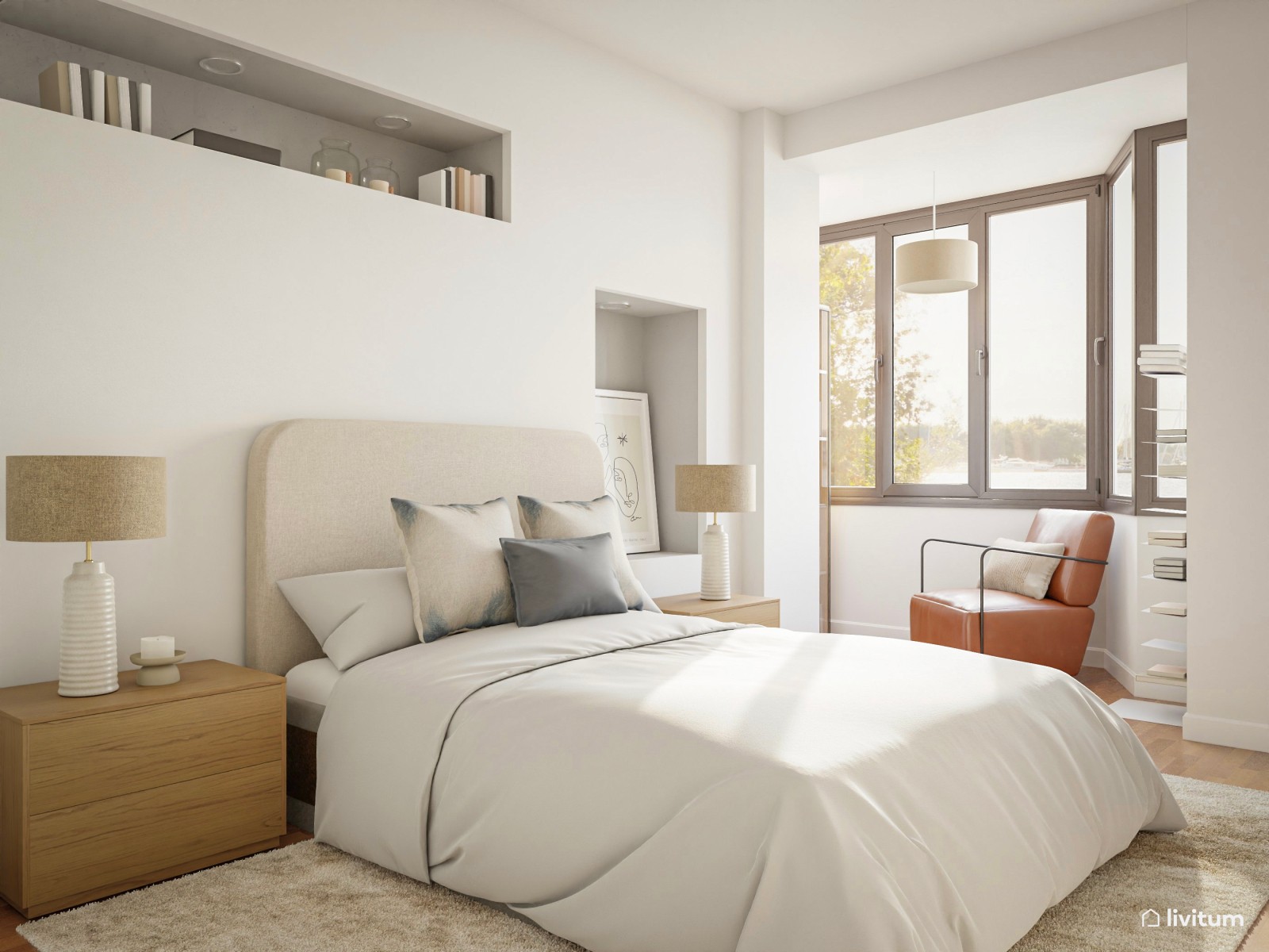 Dormitorio moderno en beige con butaca de piel sintética marrón 