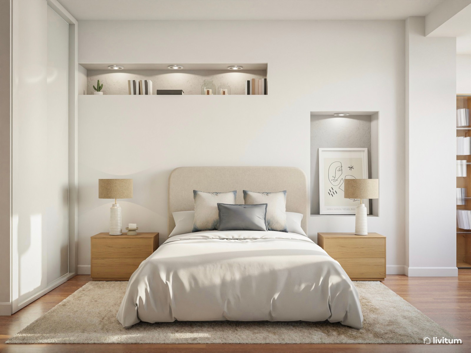 Dormitorio moderno en beige con butaca de piel sintética marrón