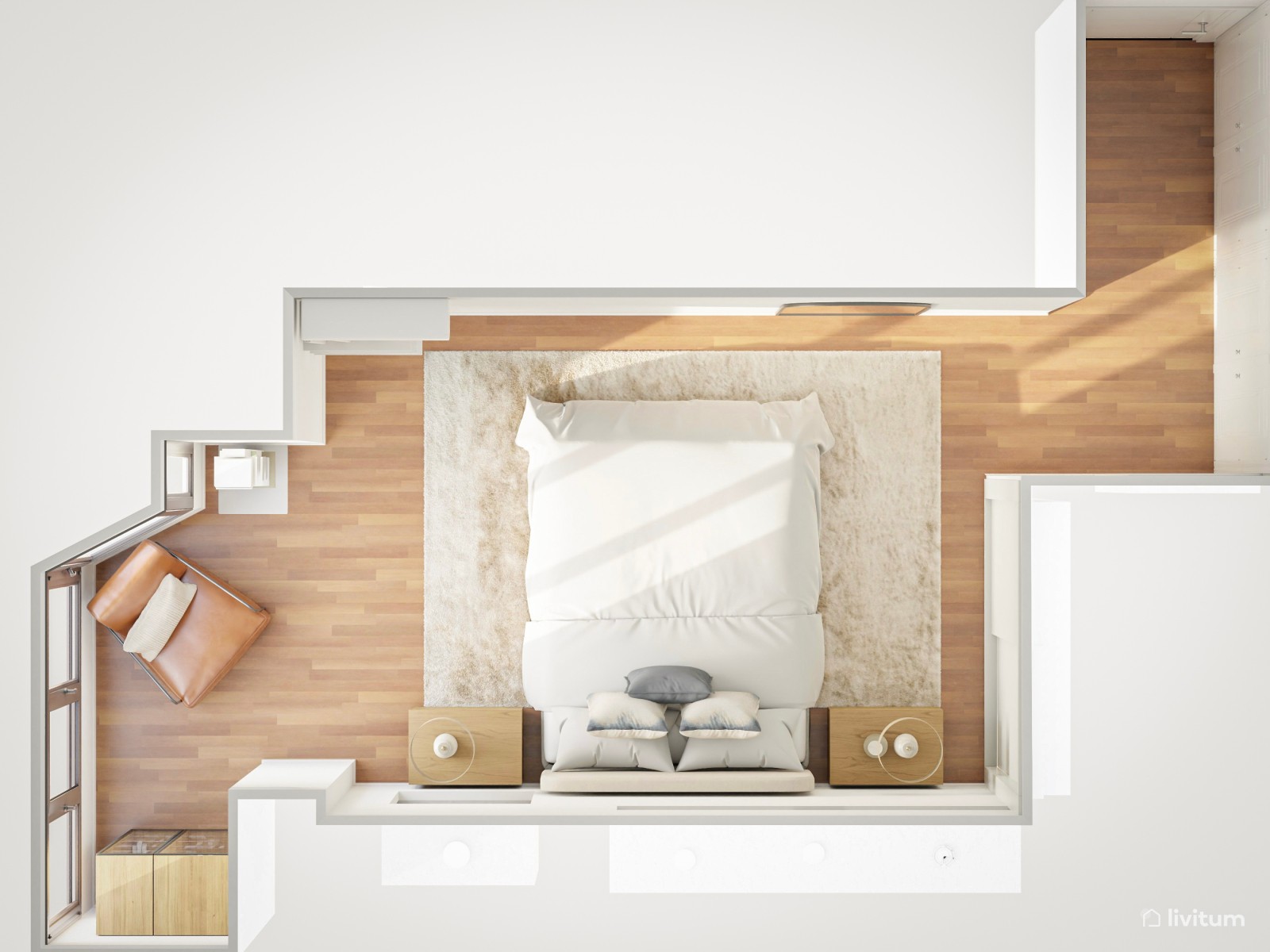 Dormitorio moderno en beige con butaca de piel sintética marrón