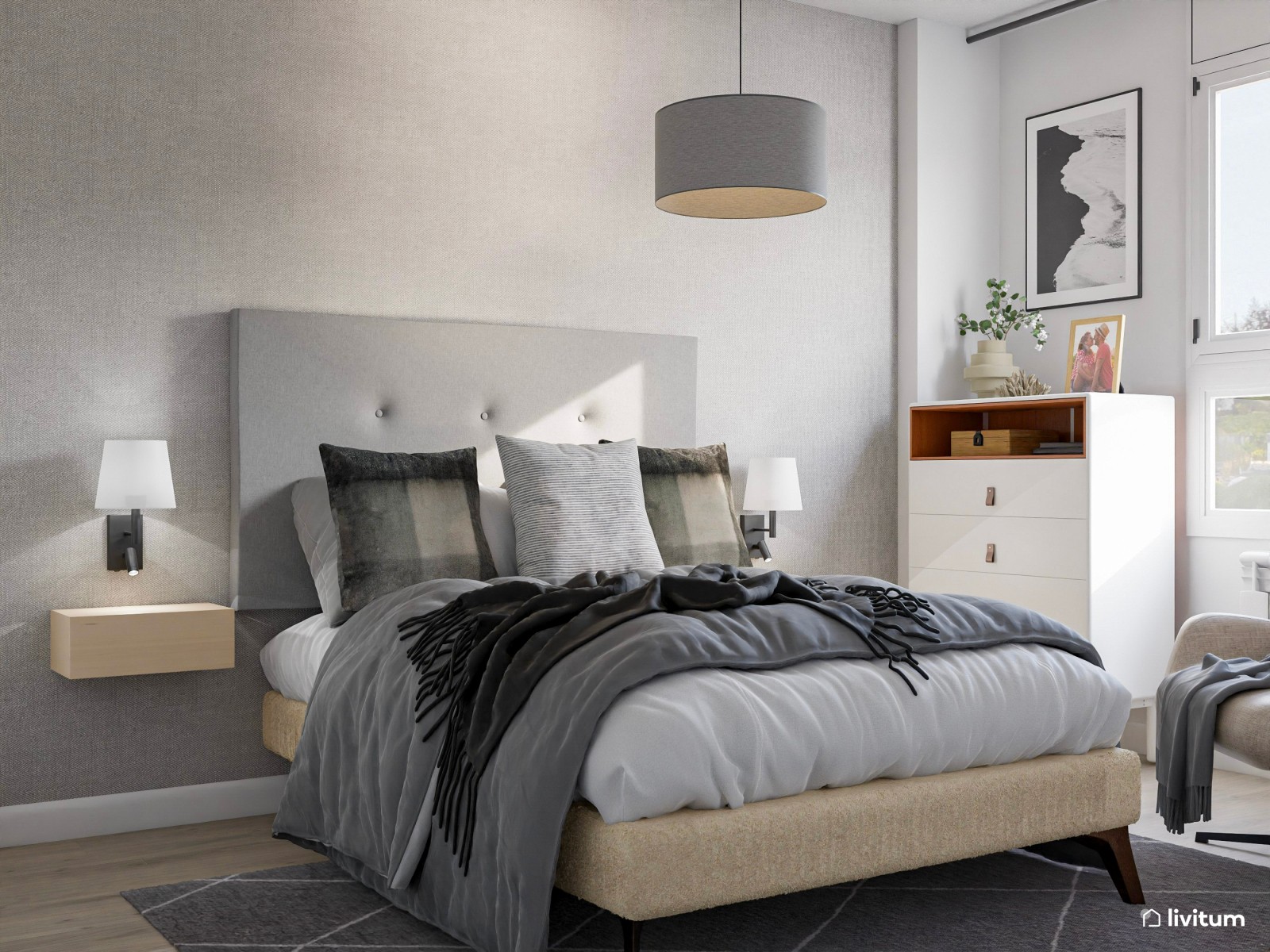 Dormitorio moderno en color gris con muebles flotantes y detalles acogedores