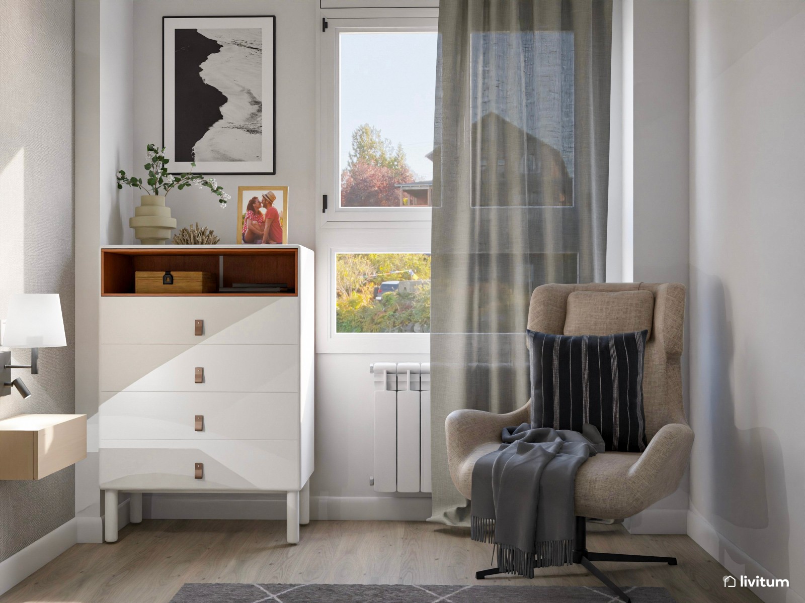 Dormitorio moderno en color gris con muebles flotantes y detalles acogedores