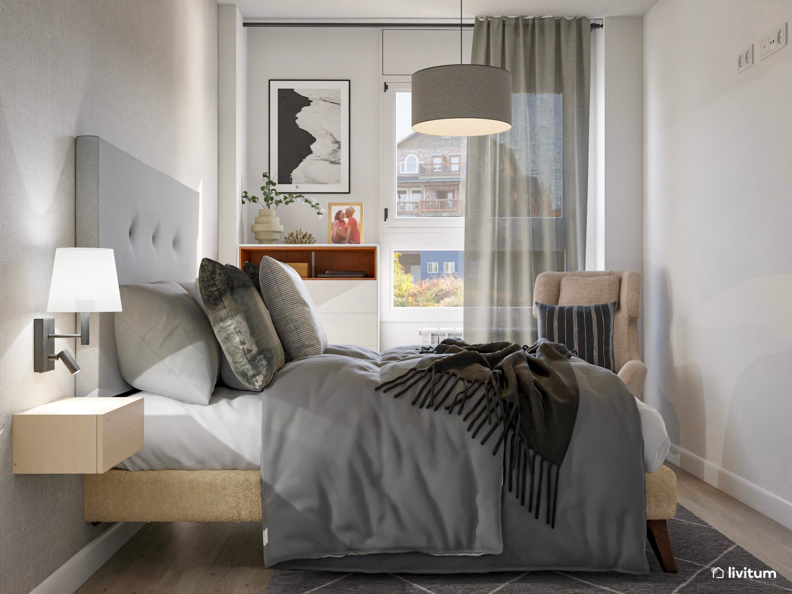 Dormitorio moderno en color gris con muebles flotantes y detalles acogedores