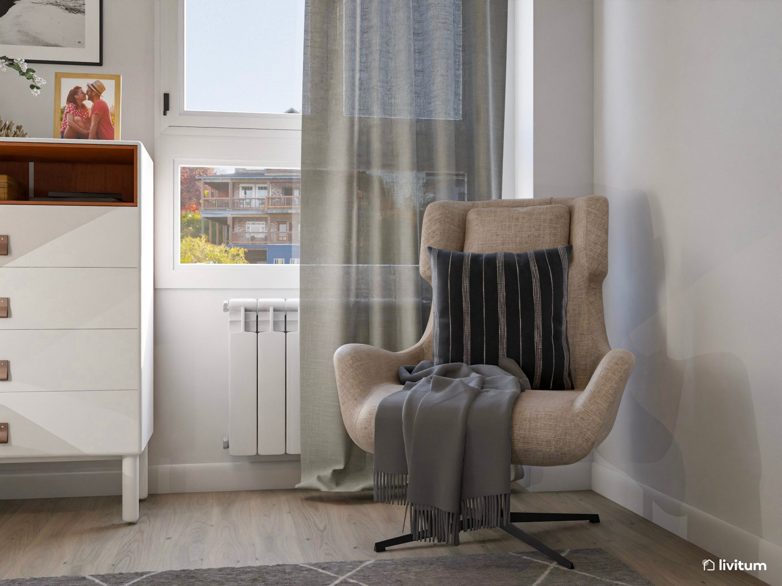 Dormitorio moderno en color gris con muebles flotantes y detalles acogedores