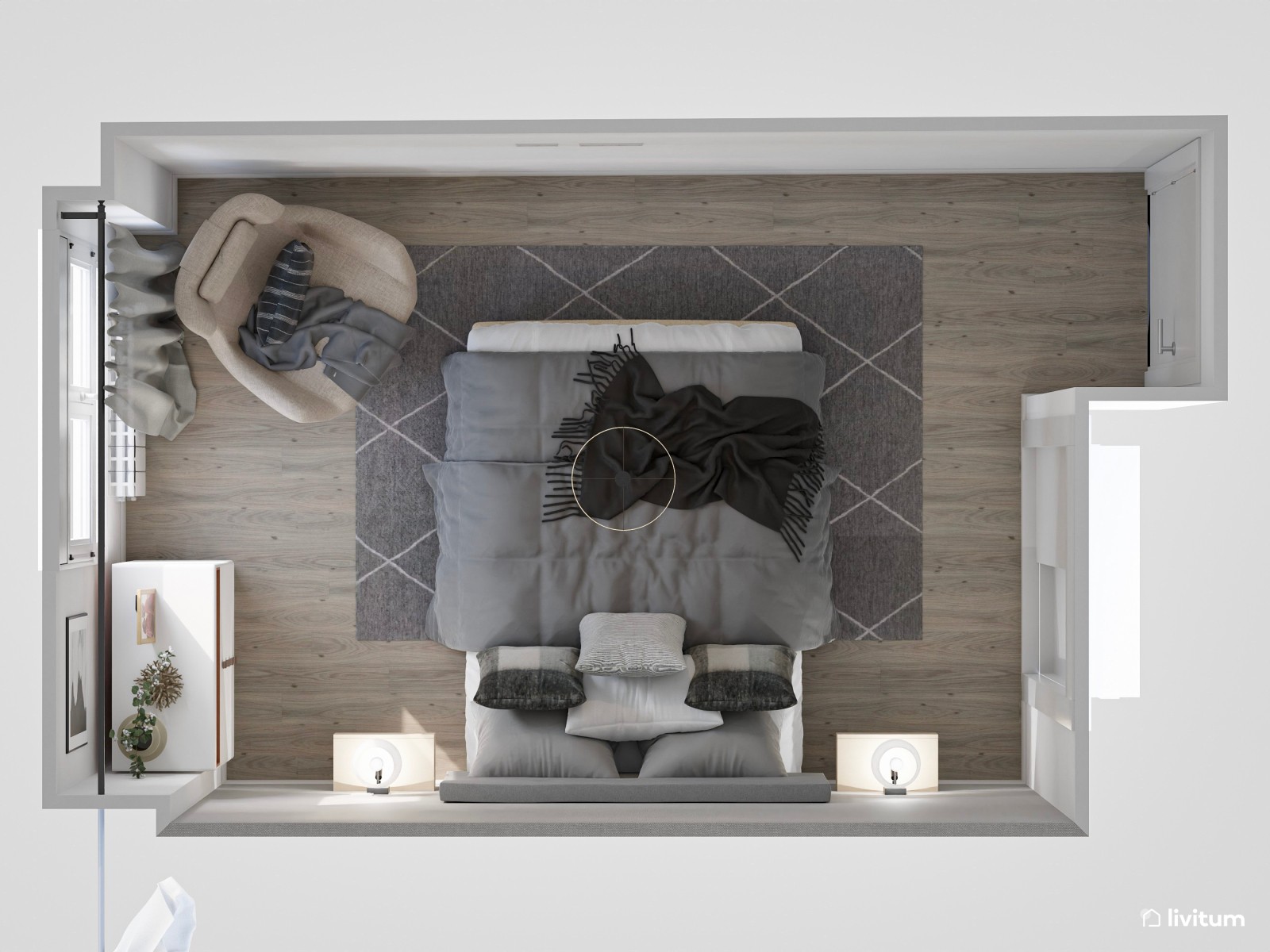 Dormitorio moderno en color gris con muebles flotantes y detalles acogedores