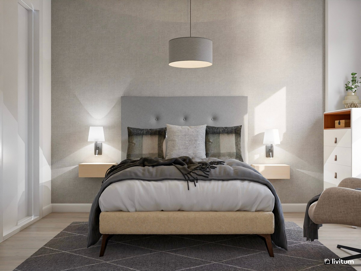 Dormitorio moderno en color gris con muebles flotantes y detalles acogedores
