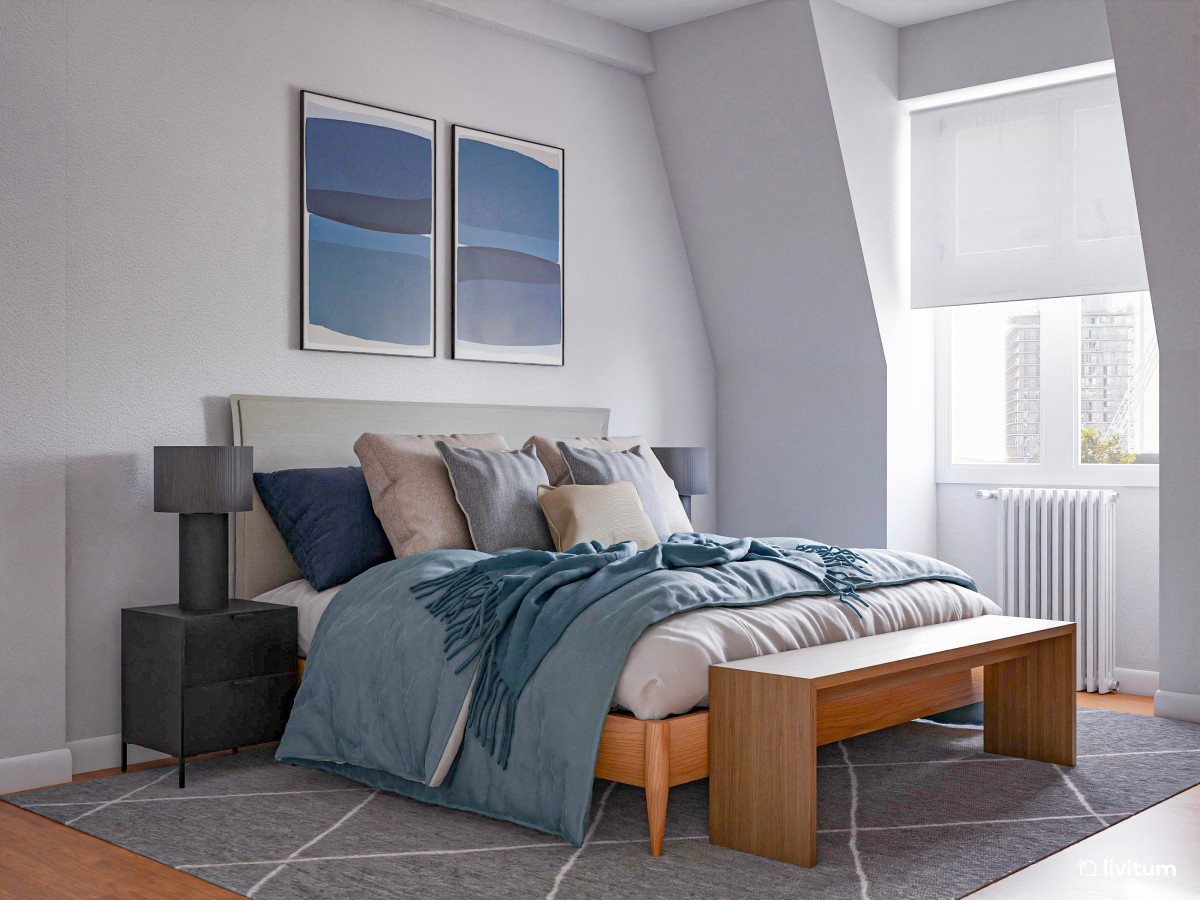 Dormitorio moderno en tonos azules y suelo de madera pulida