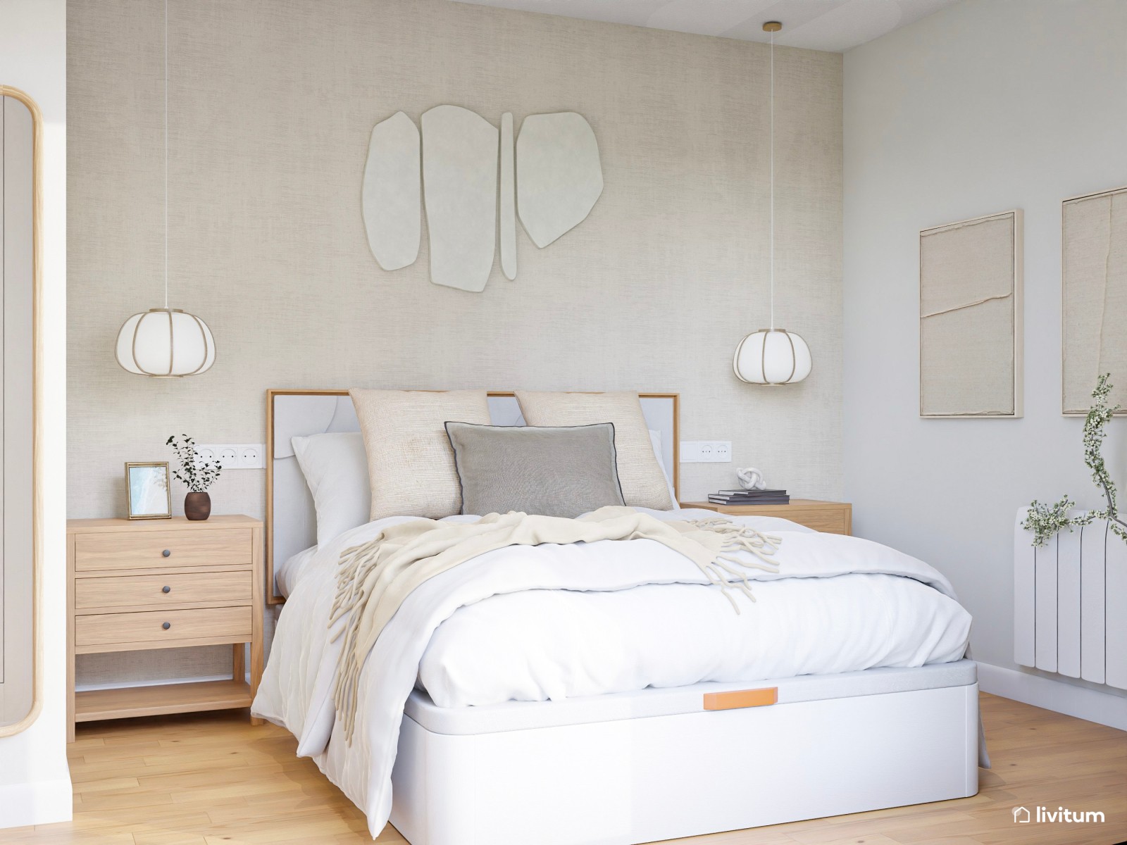 Dormitorio moderno en tonos claros con detalles clásicos