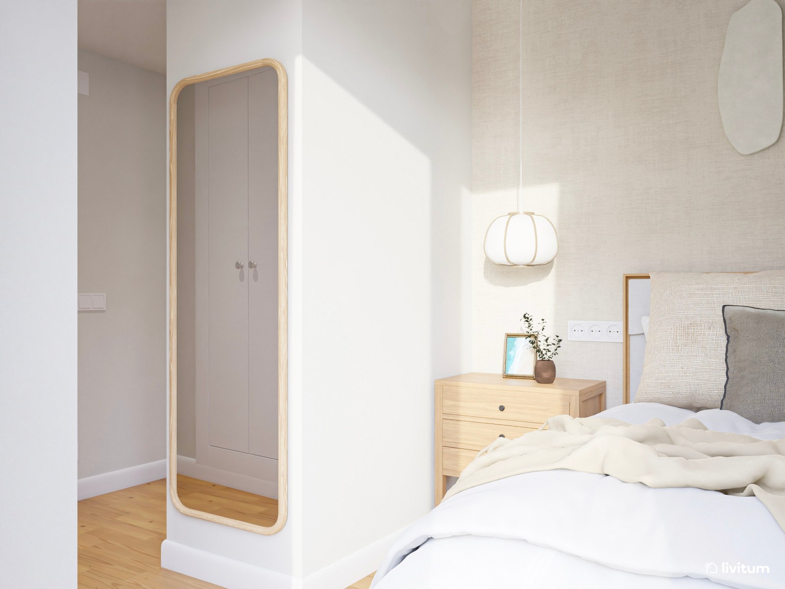 Dormitorio moderno en tonos claros con detalles clásicos