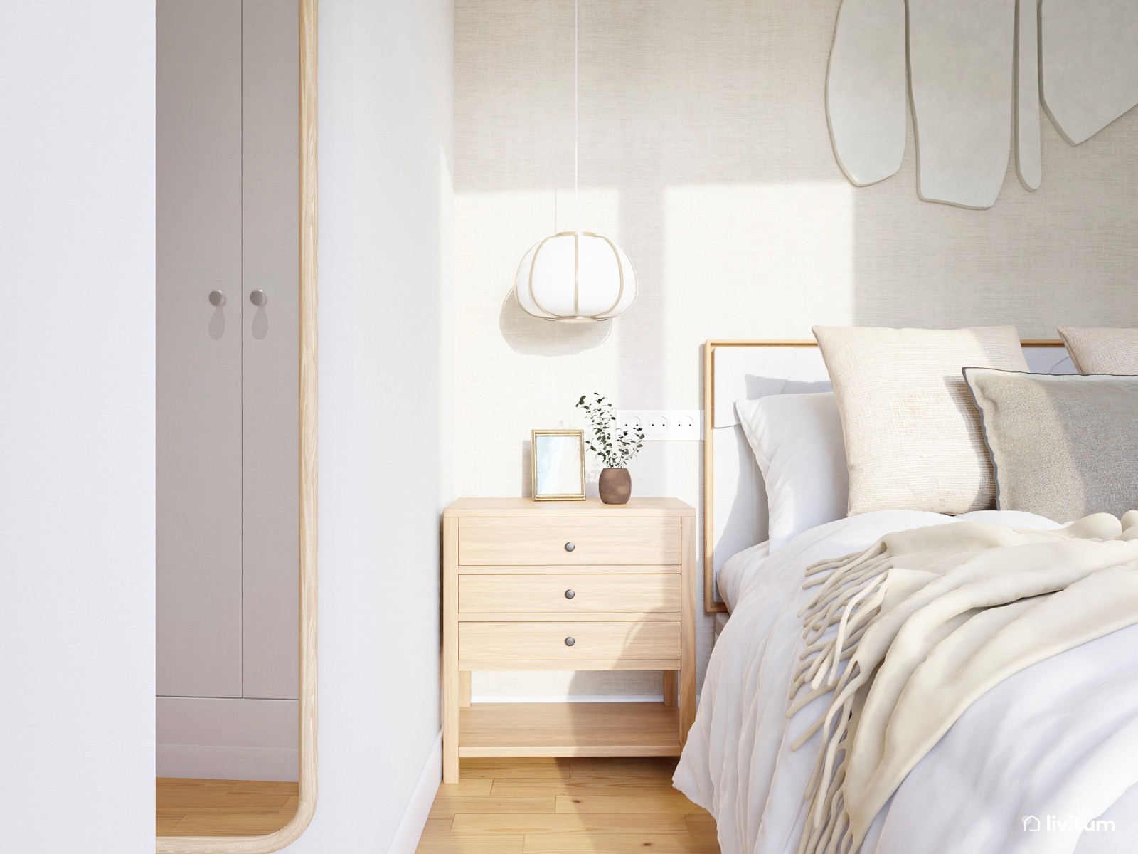 Dormitorio moderno en tonos claros con detalles clásicos