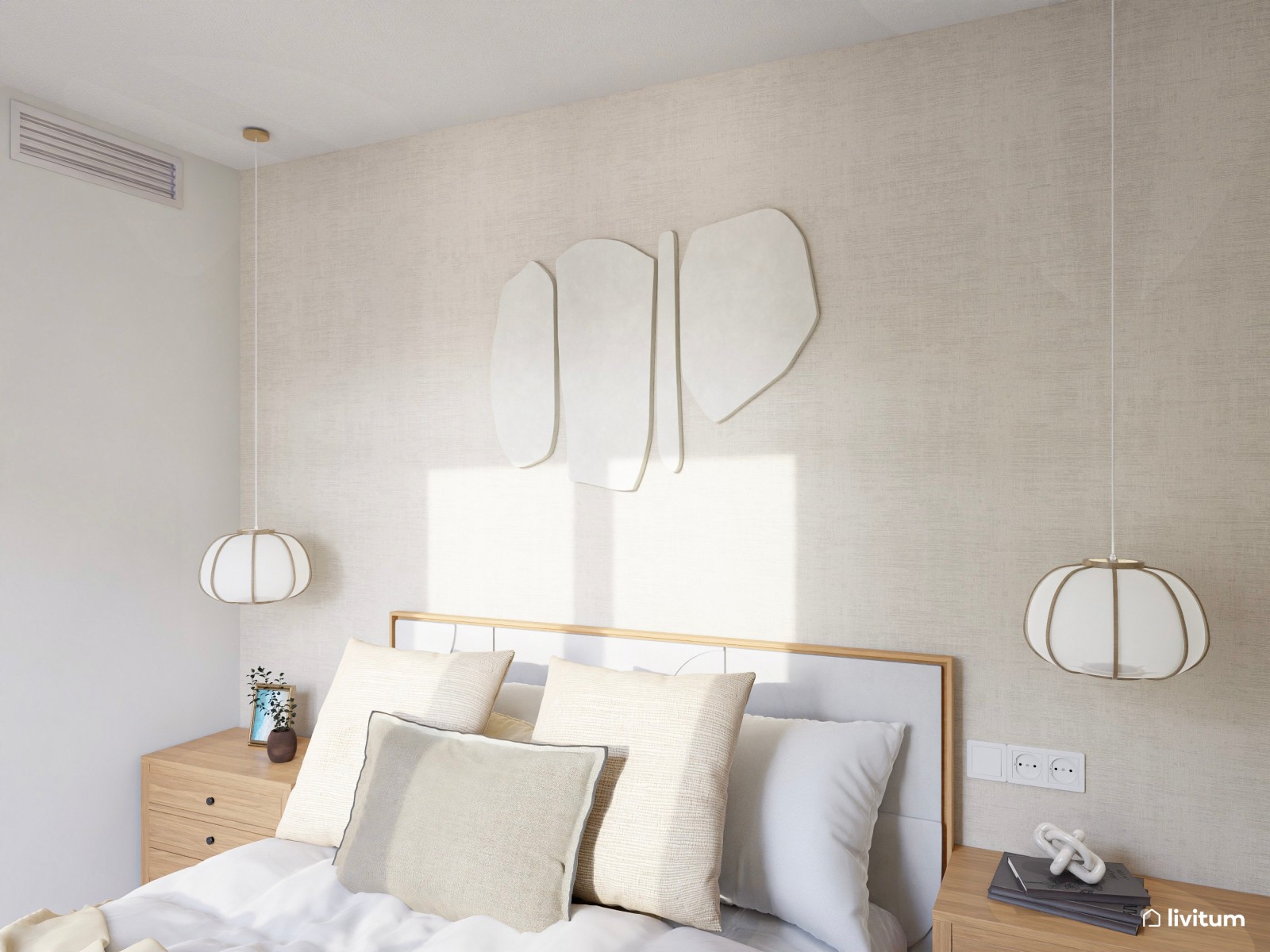 Dormitorio moderno en tonos claros con detalles clásicos