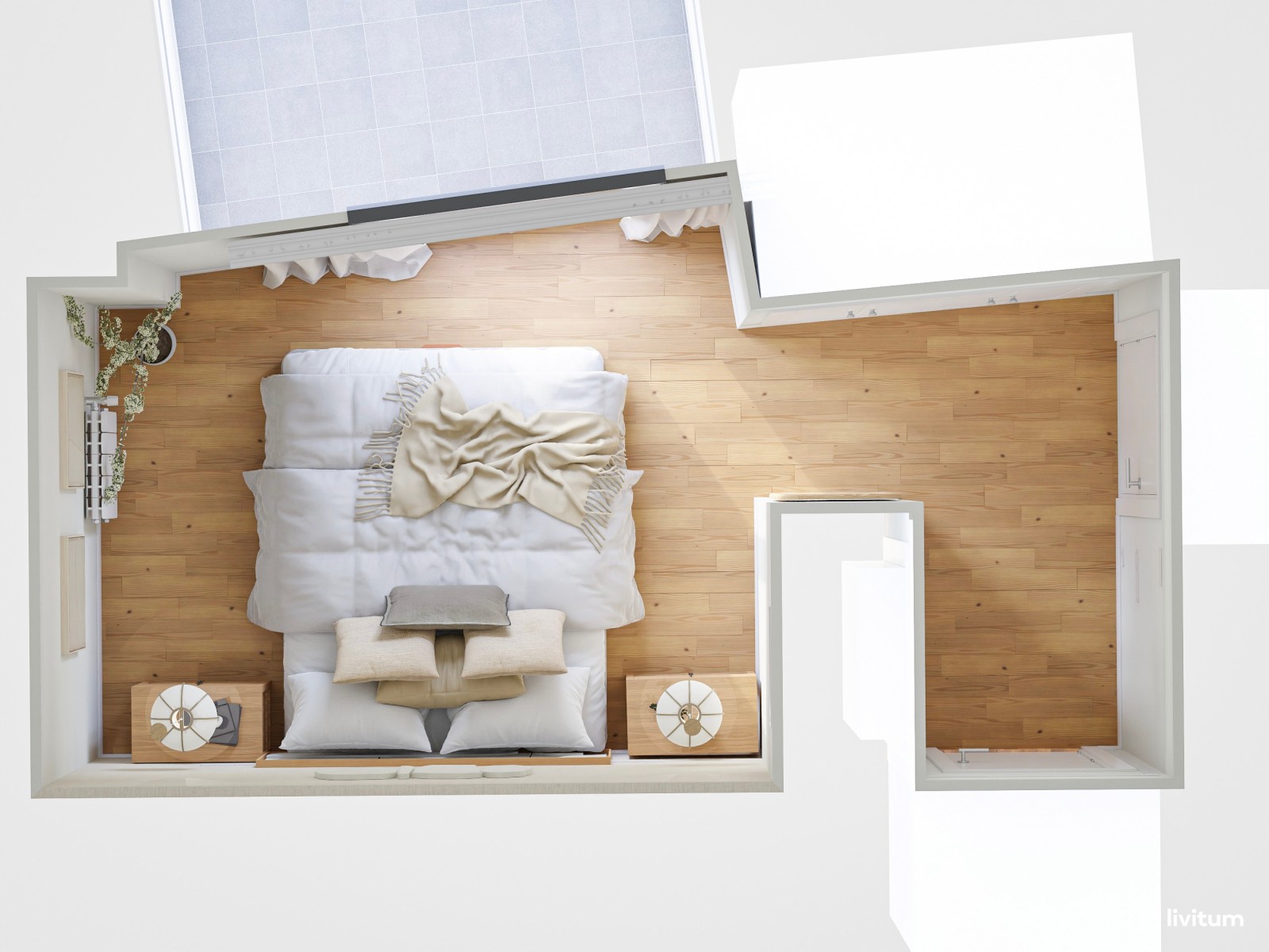 Dormitorio moderno en tonos claros con detalles clásicos