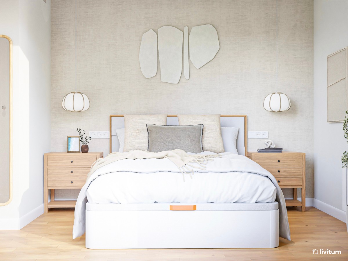Dormitorio moderno en tonos claros con detalles clásicos