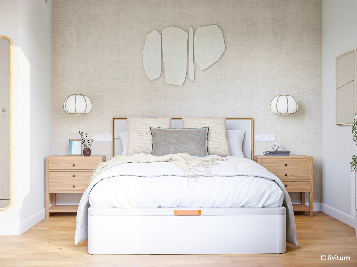 Dormitorio moderno en tonos claros con detalles clásicos