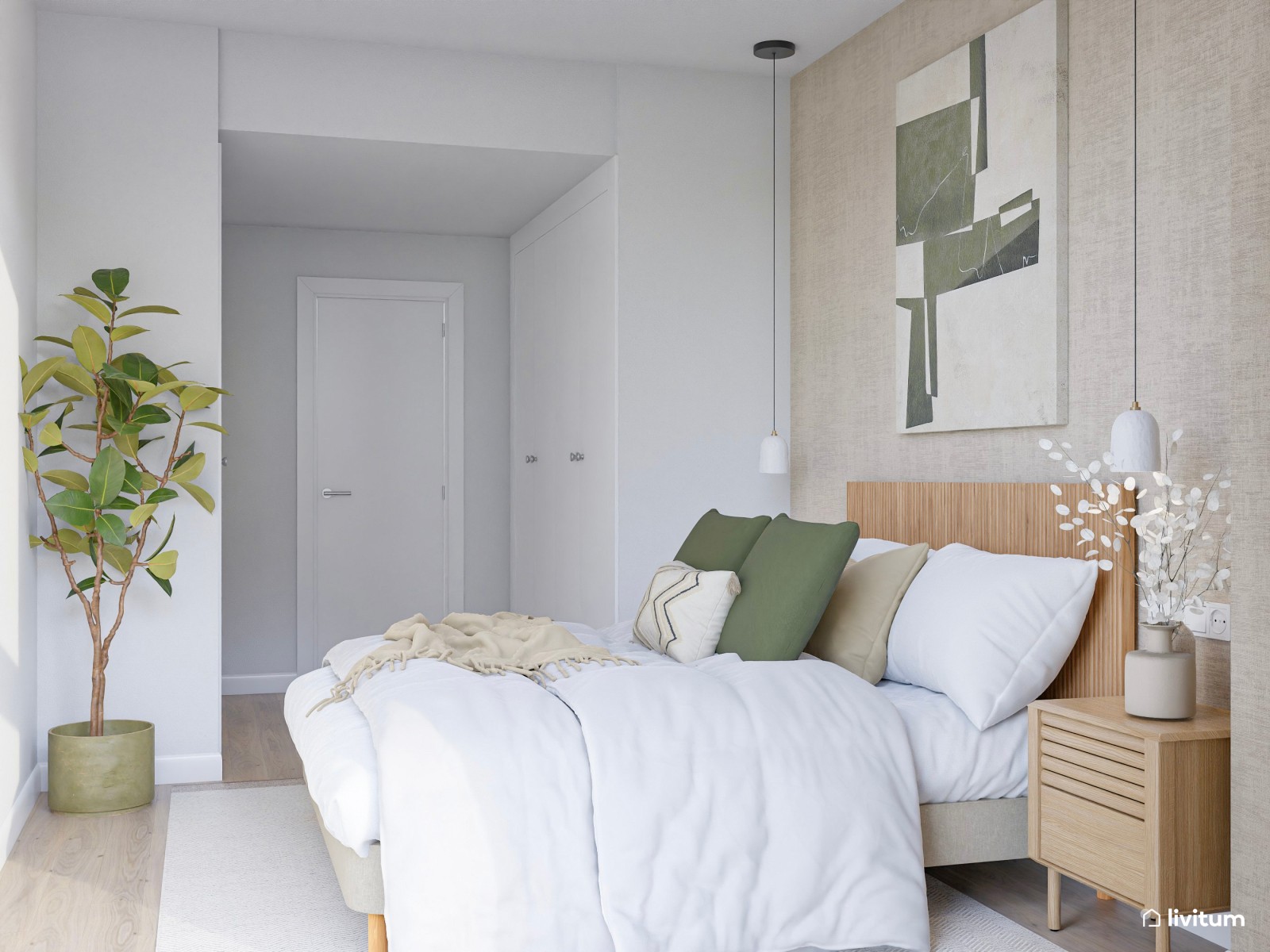 Dormitorio moderno en tonos tierra con detalles en verde