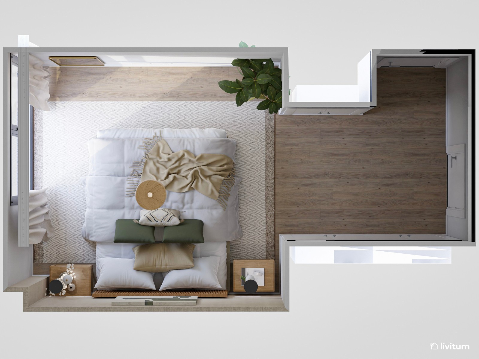 Dormitorio moderno en tonos tierra con detalles en verde