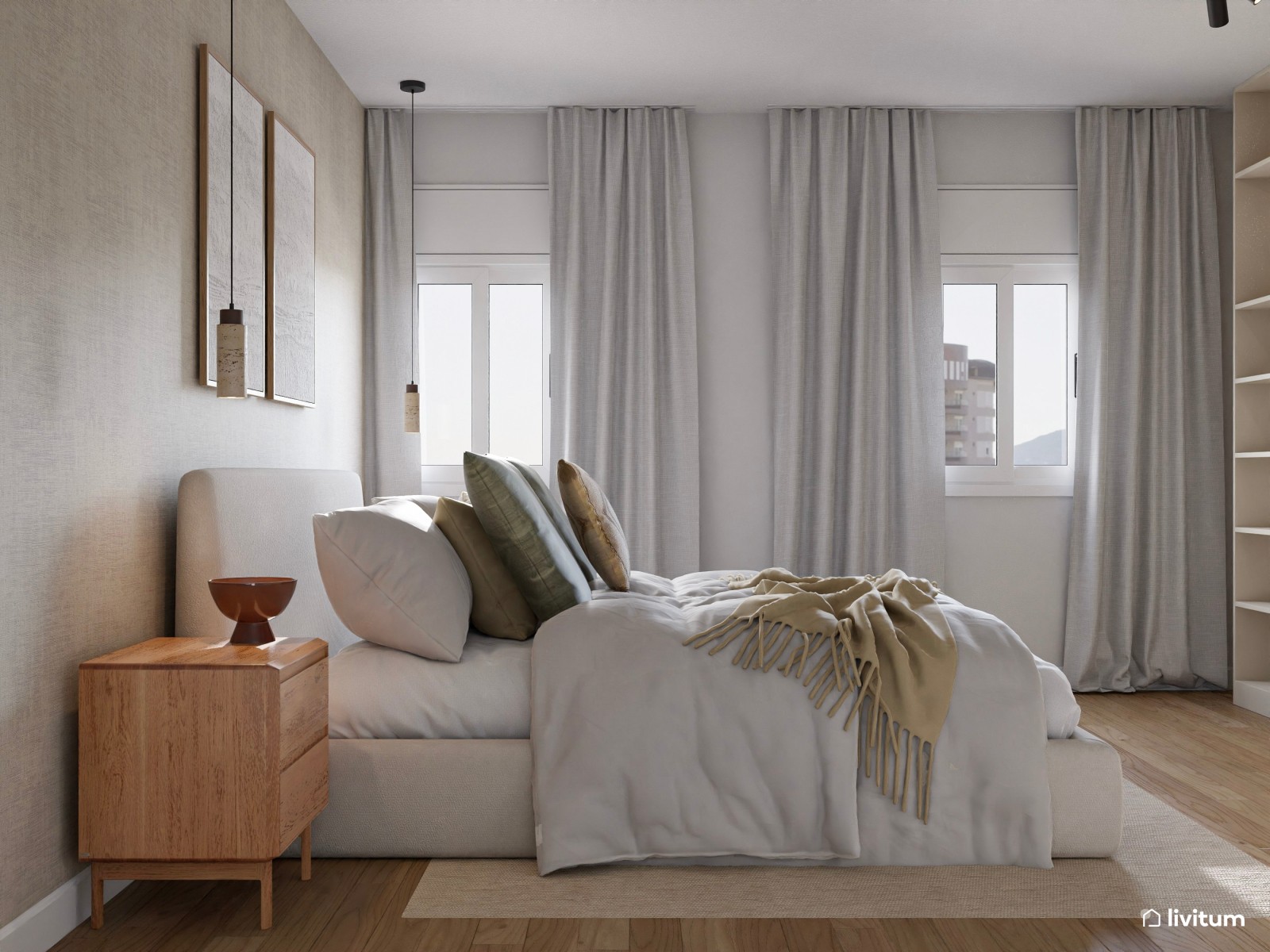 Dormitorio moderno en tonos tierra y con texturas elegantes