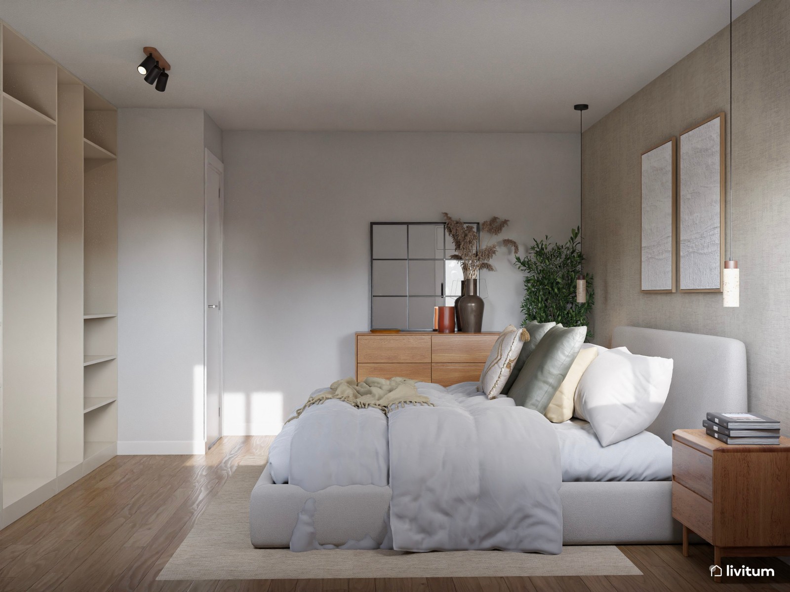 Dormitorio moderno en tonos tierra y con texturas elegantes