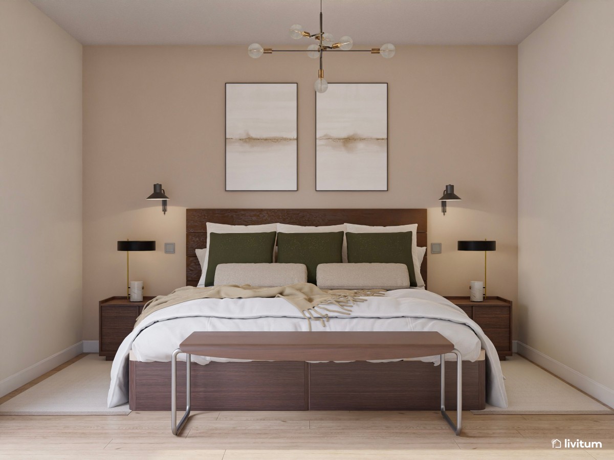 Dormitorio moderno en tonos tierra y muebles color nogal