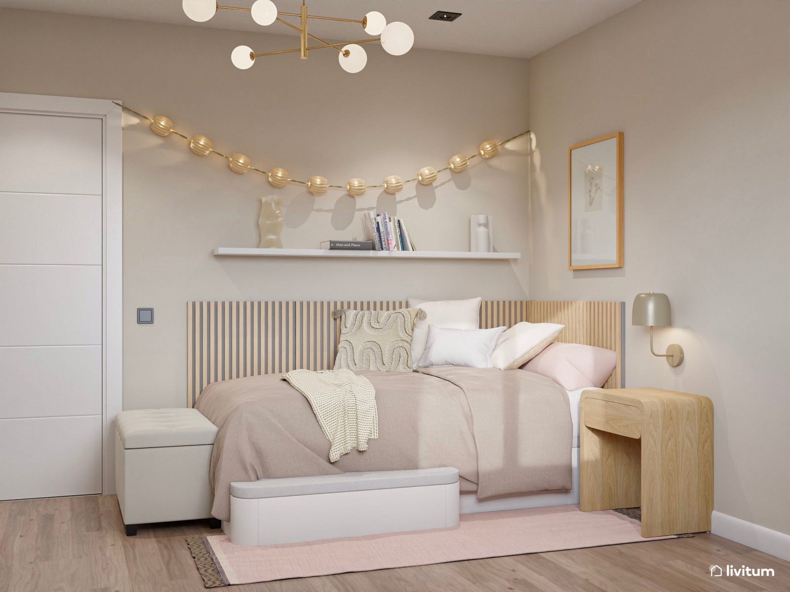 Dormitorio moderno juvenil en madera y toques rosa