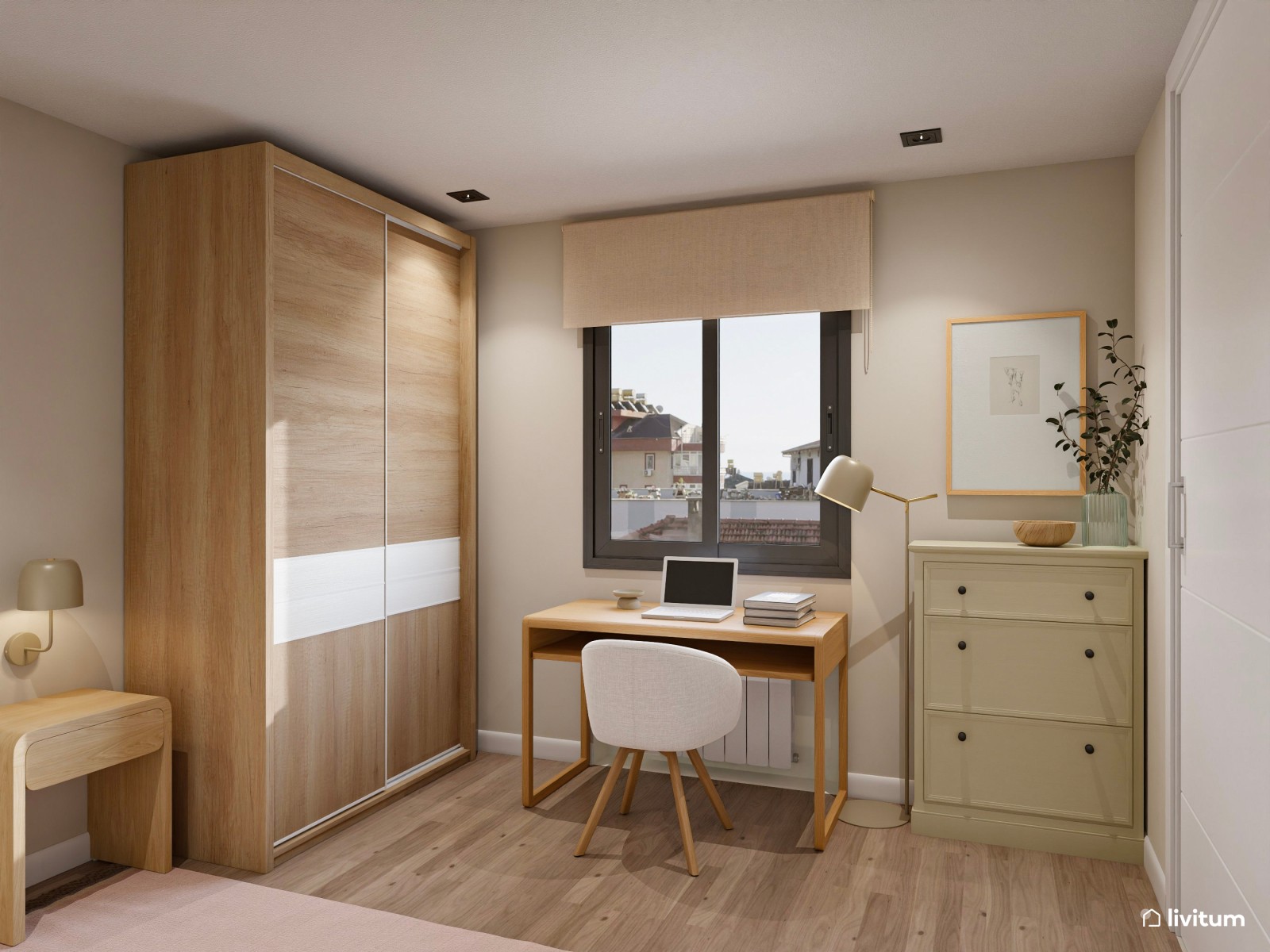 Dormitorio moderno juvenil en madera y toques rosa