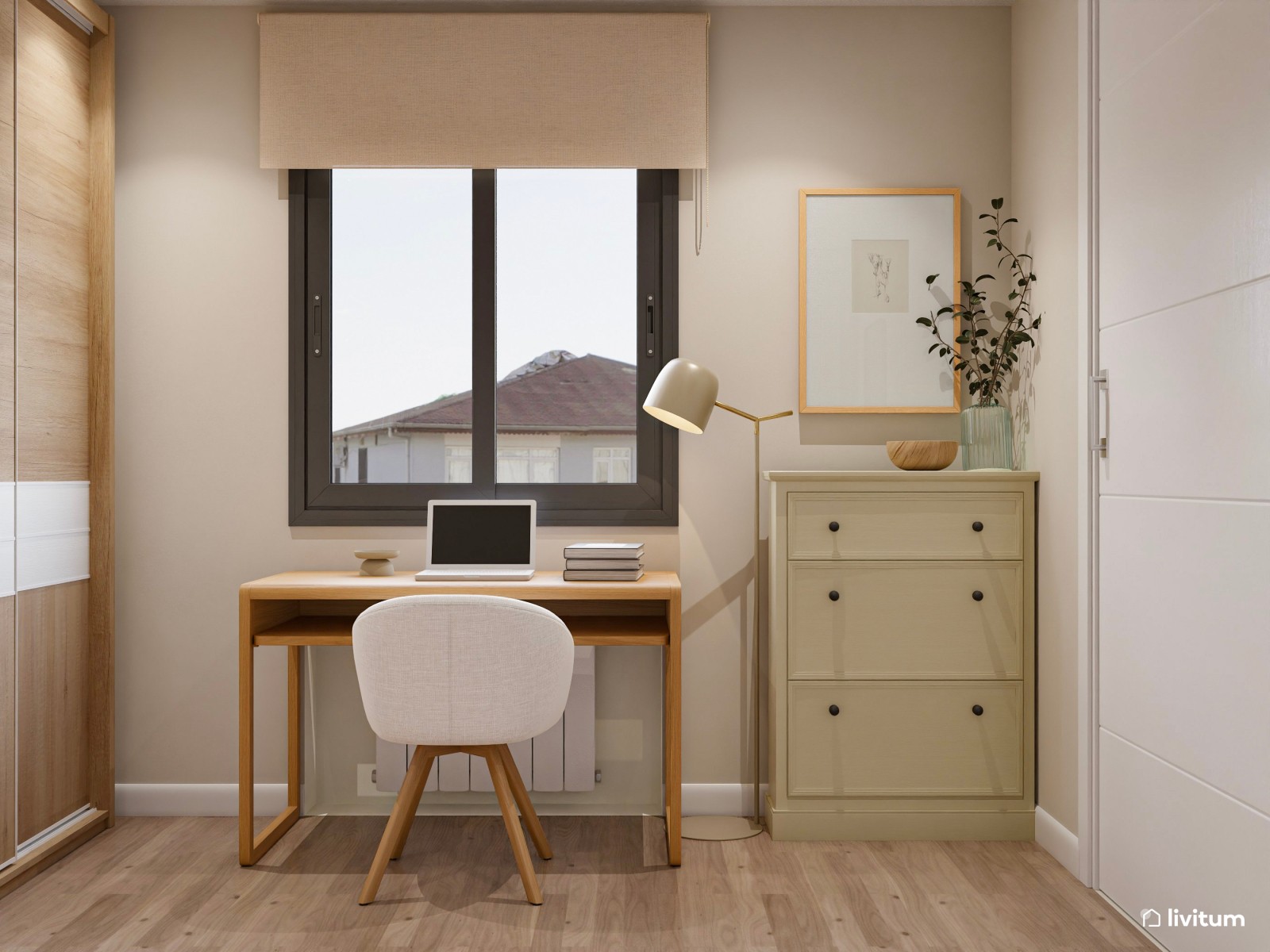 Dormitorio moderno juvenil en madera y toques rosa