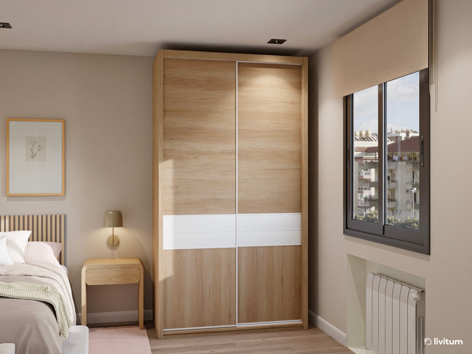 Dormitorio moderno juvenil en madera y toques rosa