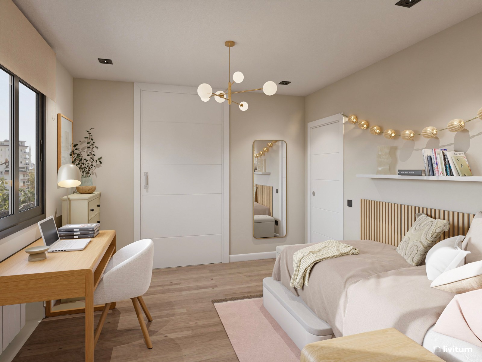 Dormitorio moderno juvenil en madera y toques rosa