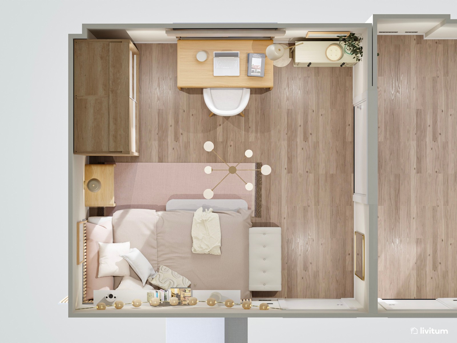 Dormitorio moderno juvenil en madera y toques rosa