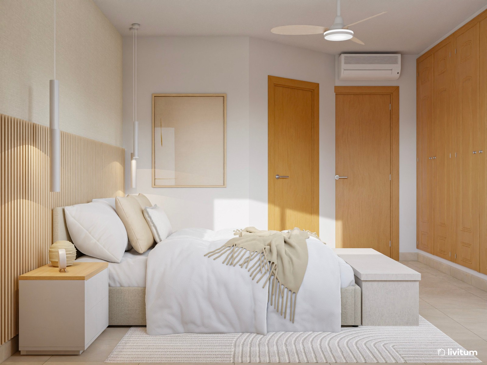 Dormitorio moderno nórdico con paneles acústicos en planta irregular