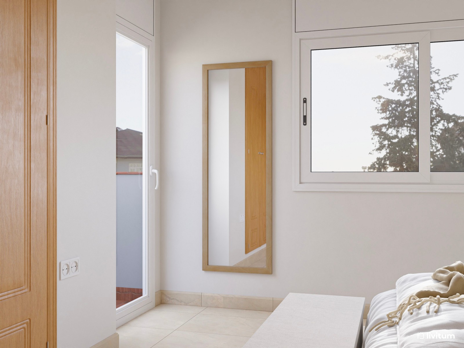 Dormitorio moderno nórdico con paneles acústicos en planta irregular