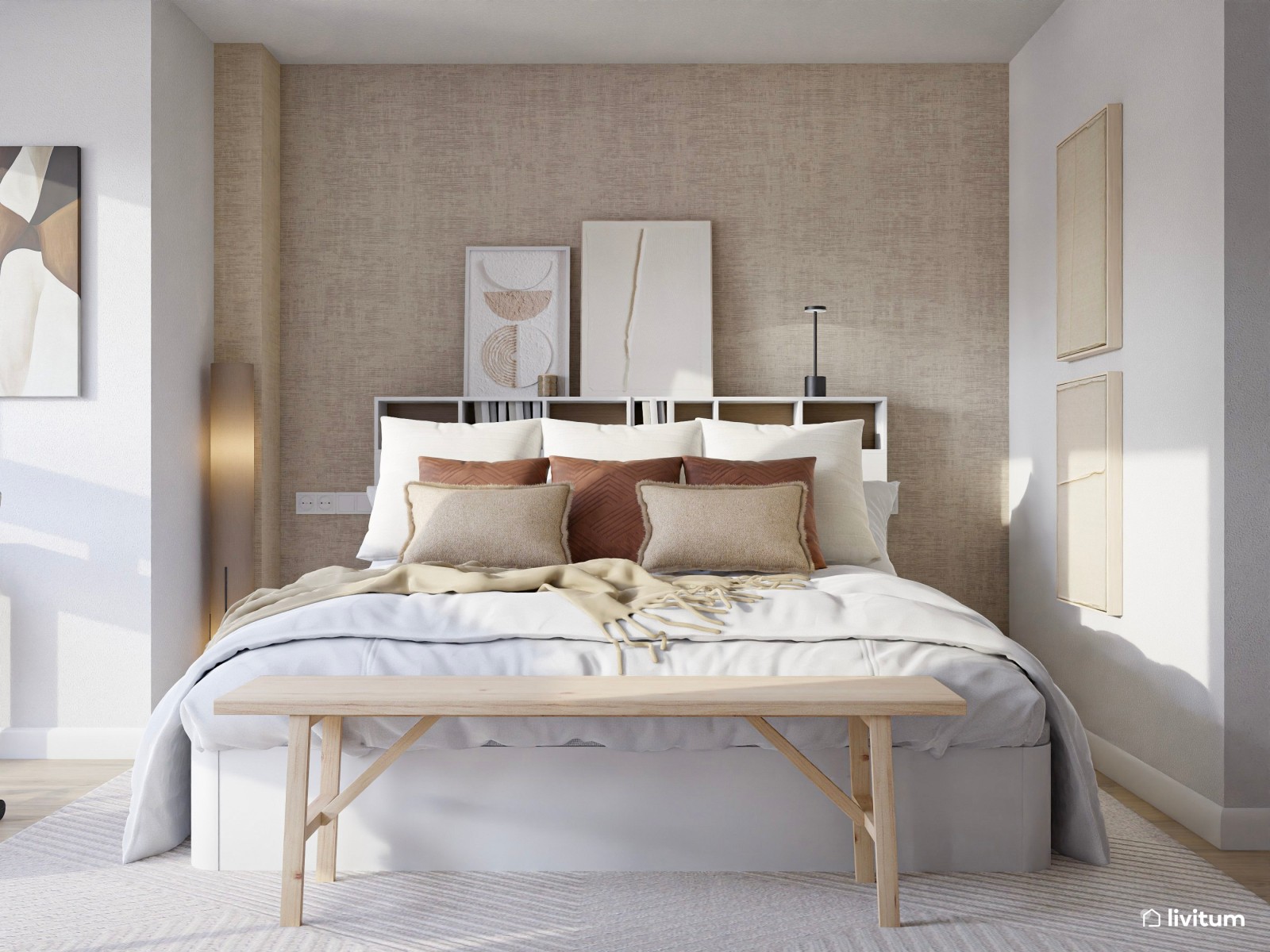 Dormitorio moderno optimizado con despacho doble y vistas
