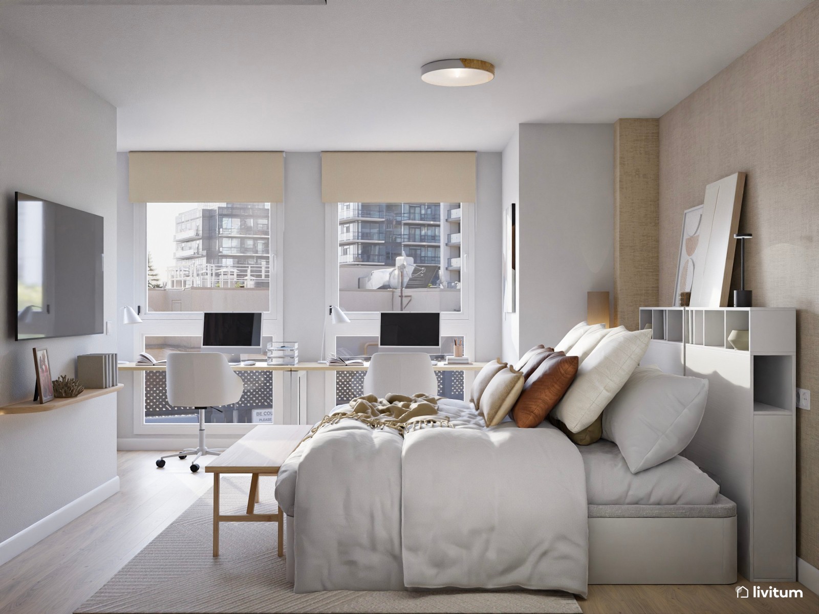 Dormitorio moderno optimizado con despacho doble y vistas