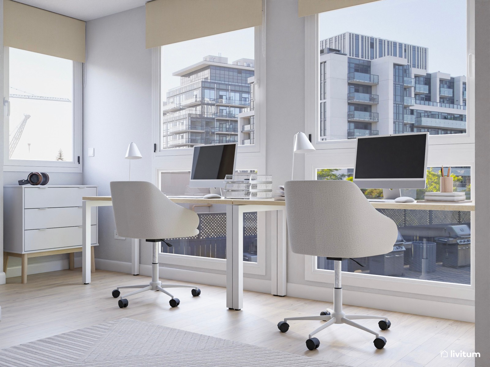 Dormitorio moderno optimizado con despacho doble y vistas