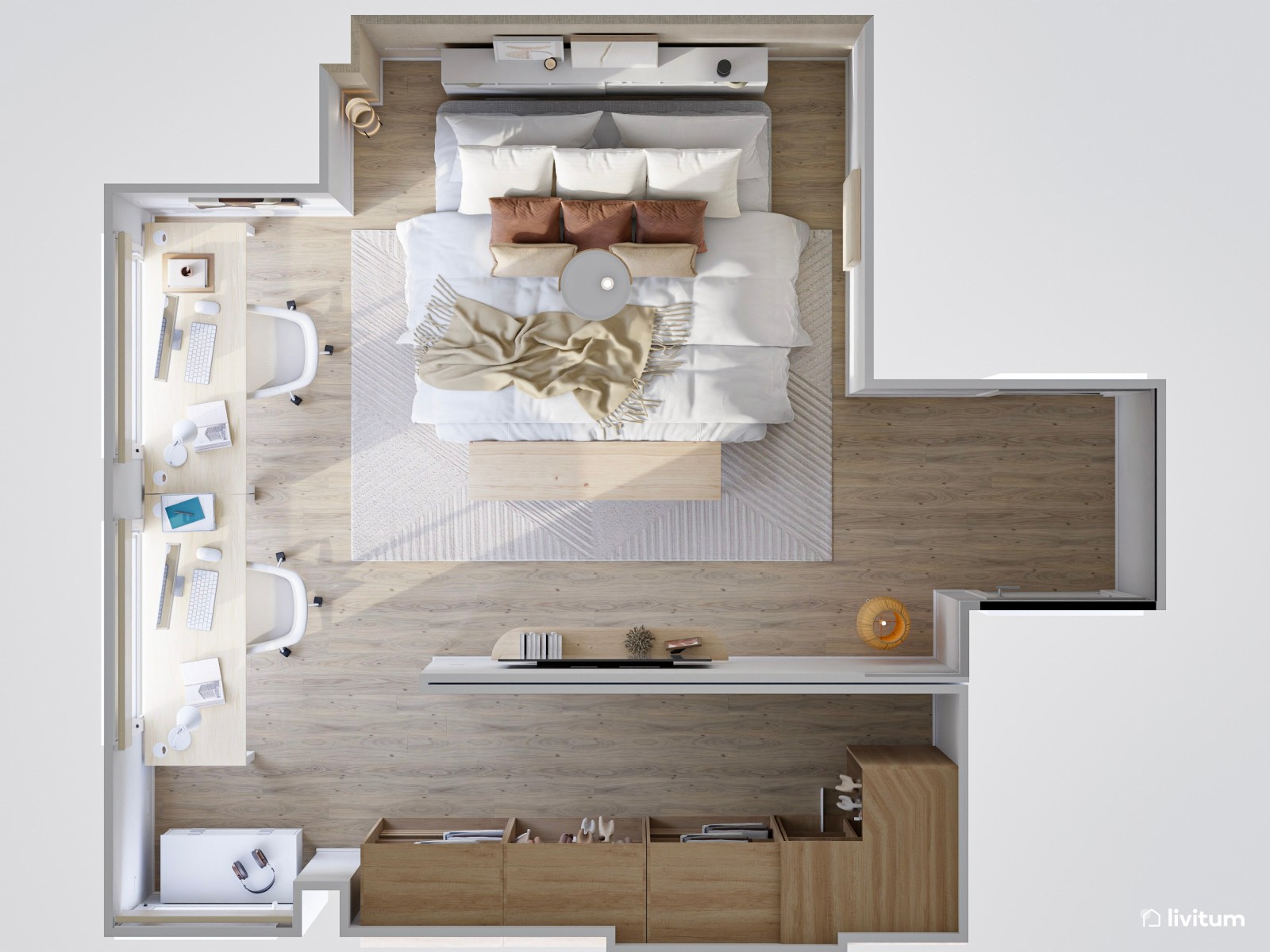 Dormitorio moderno optimizado con despacho doble y vistas