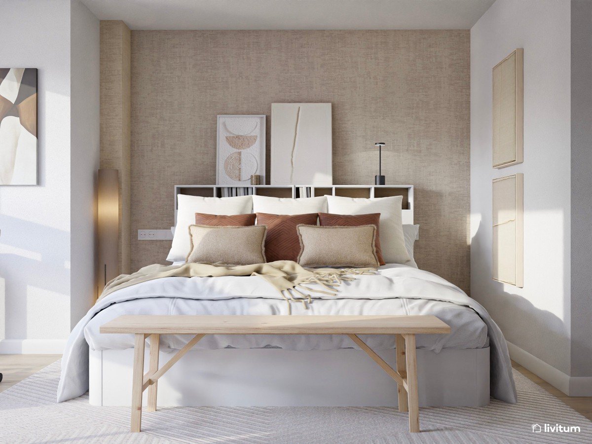 Dormitorio moderno optimizado con despacho doble y vistas