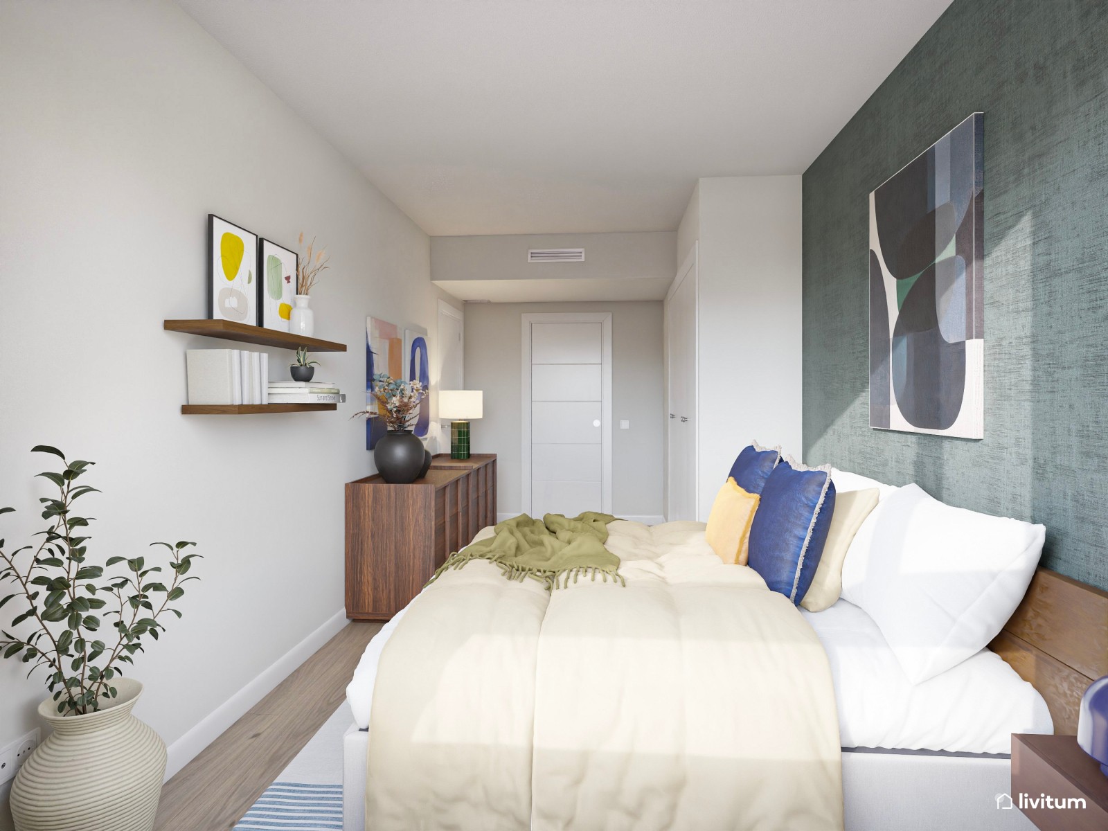 Dormitorio moderno y ecléctico en tonos azules y detalles singulares