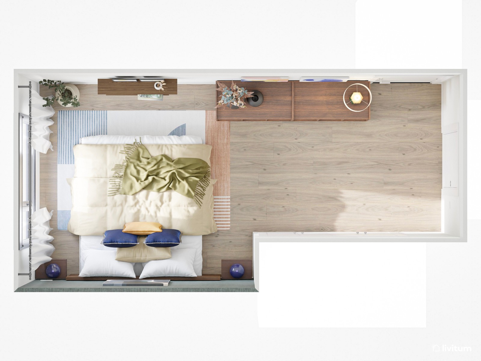 Dormitorio moderno y ecléctico en tonos azules y detalles singulares