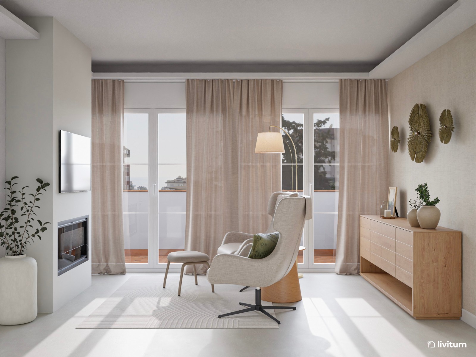 Dormitorio moderno y elegante con sala de estar 