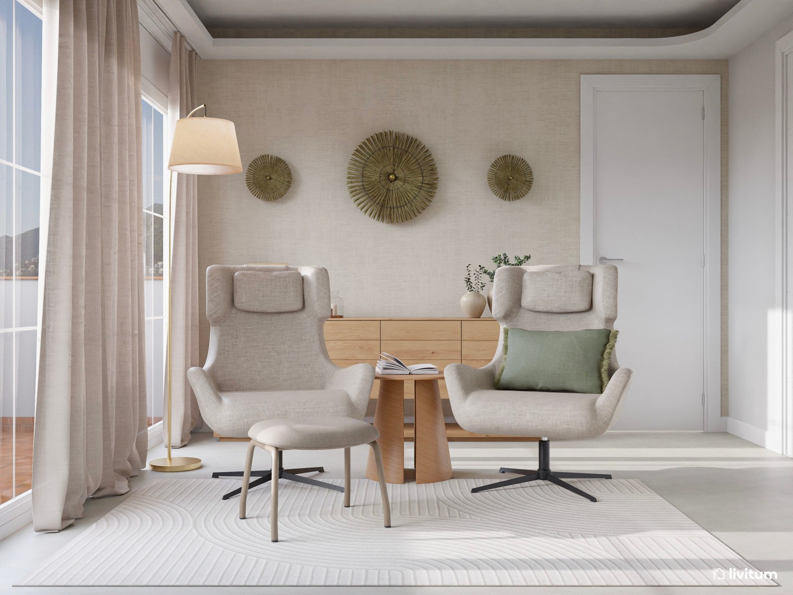 Dormitorio moderno y elegante con sala de estar 