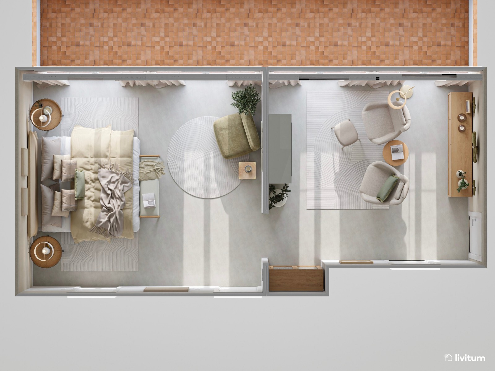 Dormitorio moderno y elegante con sala de estar 