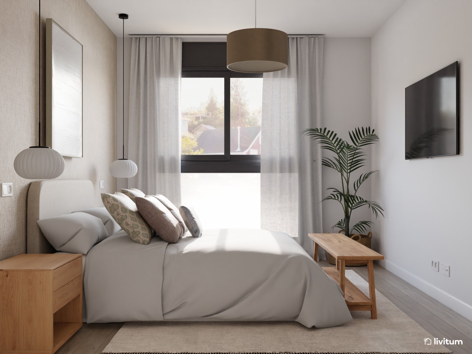 Dormitorio moderno y minimalista con lámparas colgantes 