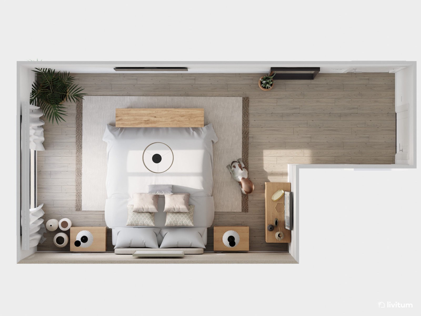 Dormitorio moderno y minimalista con lámparas colgantes 