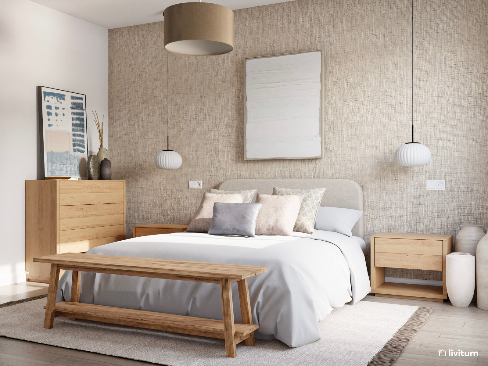 Dormitorio moderno y minimalista con lámparas colgantes 