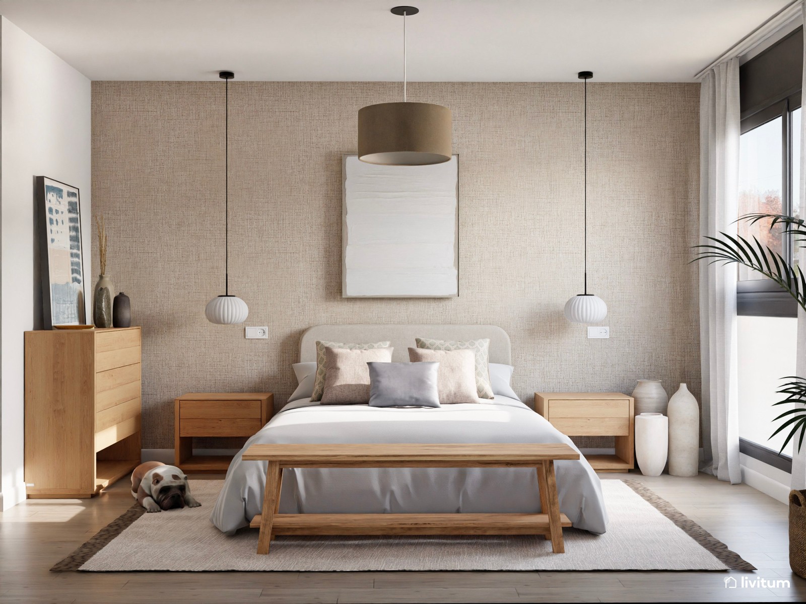 Dormitorio moderno y minimalista con lámparas colgantes 