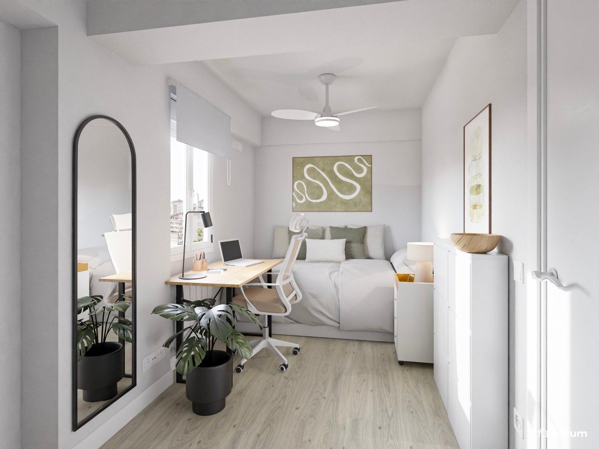 Dormitorio moderno y minimalista decorado en blanco con detalles naturales