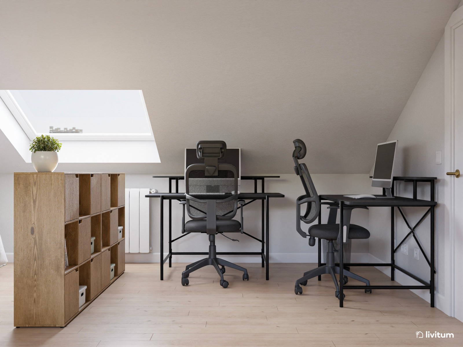 Dormitorio nórdico abuhardillado con zona de trabajo