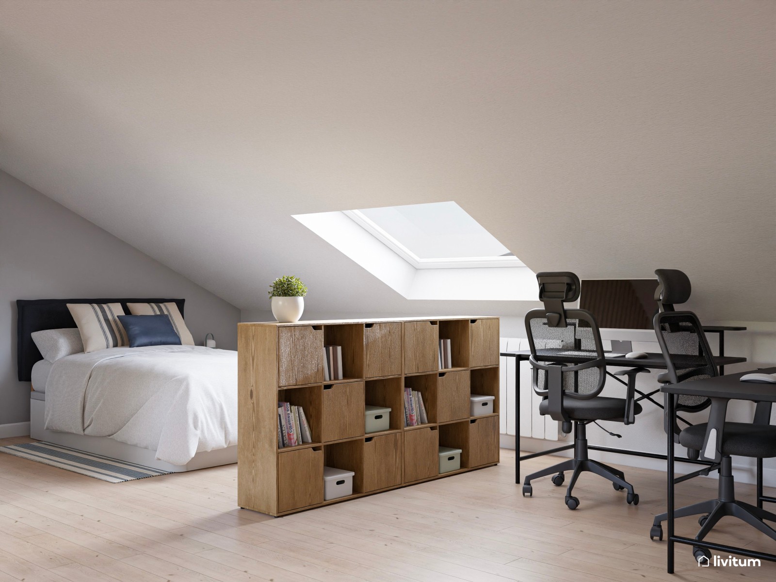 Dormitorio nórdico abuhardillado con zona de trabajo