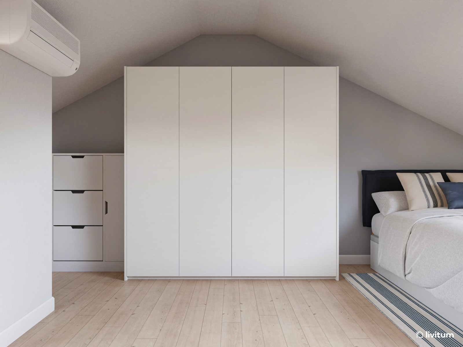 Dormitorio nórdico abuhardillado con zona de trabajo