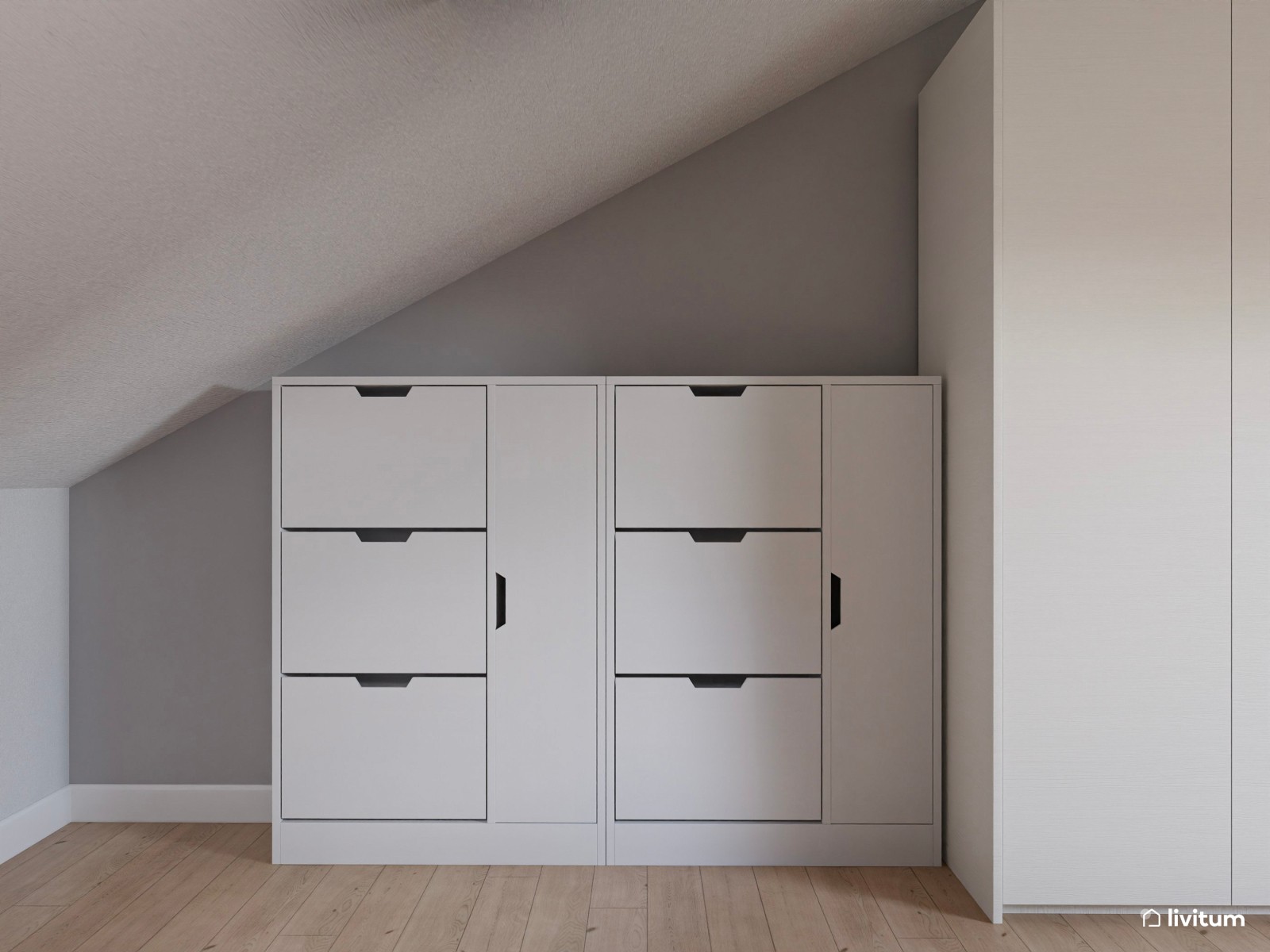 Dormitorio nórdico abuhardillado con zona de trabajo