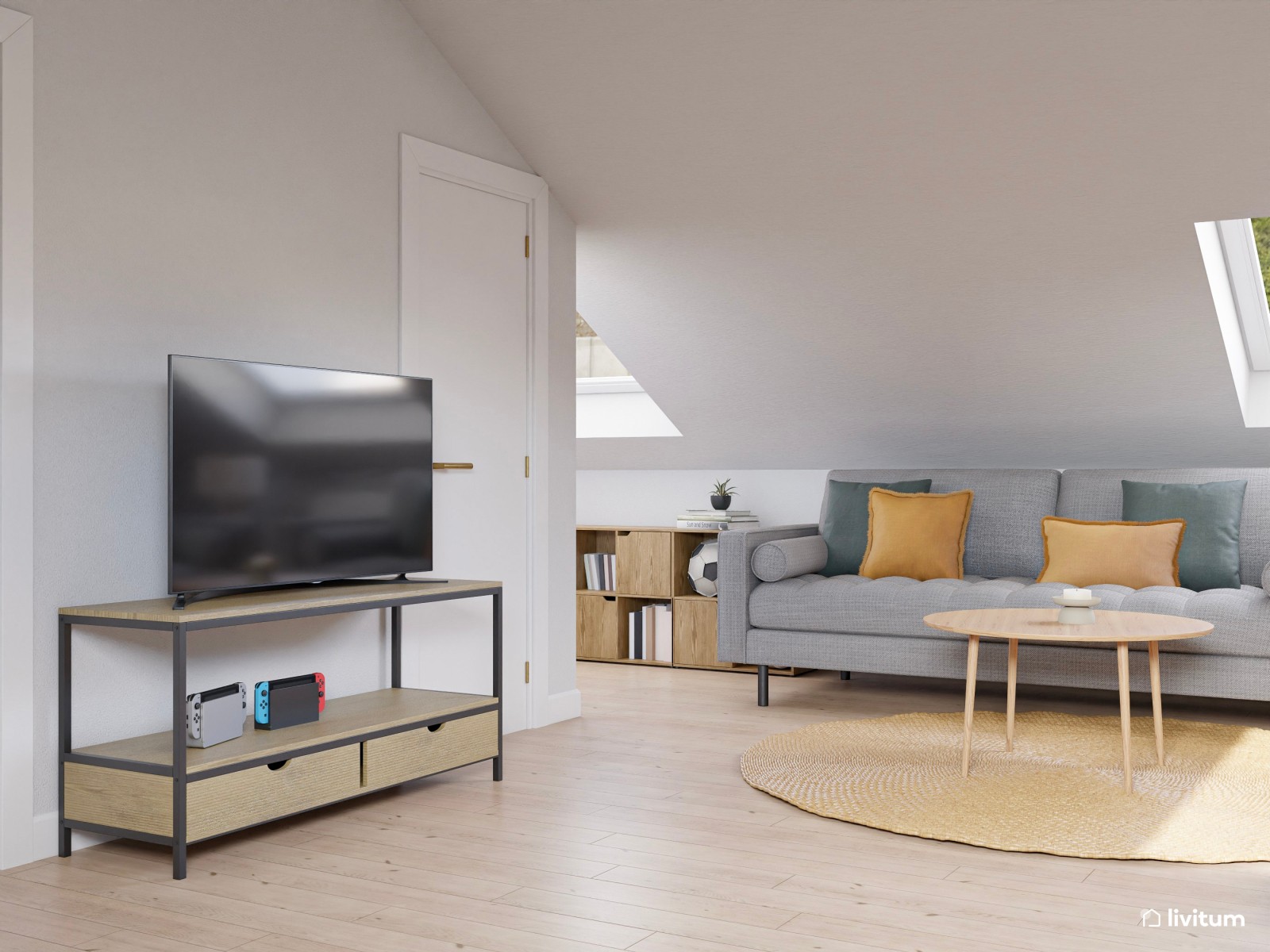 Dormitorio nórdico abuhardillado con zona de trabajo
